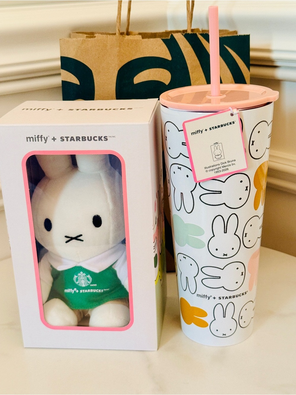 Limited Starbucks Miffy Plush Doll in Box w/ Miffy Cold Cup & Straw Bundle